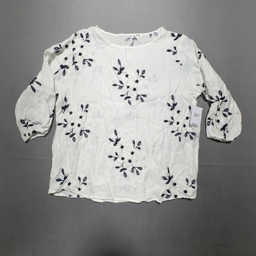 Kindred Womens White Navy Floral Embroidered 3/4 Sleeve Blouse Top 2X T-2097X